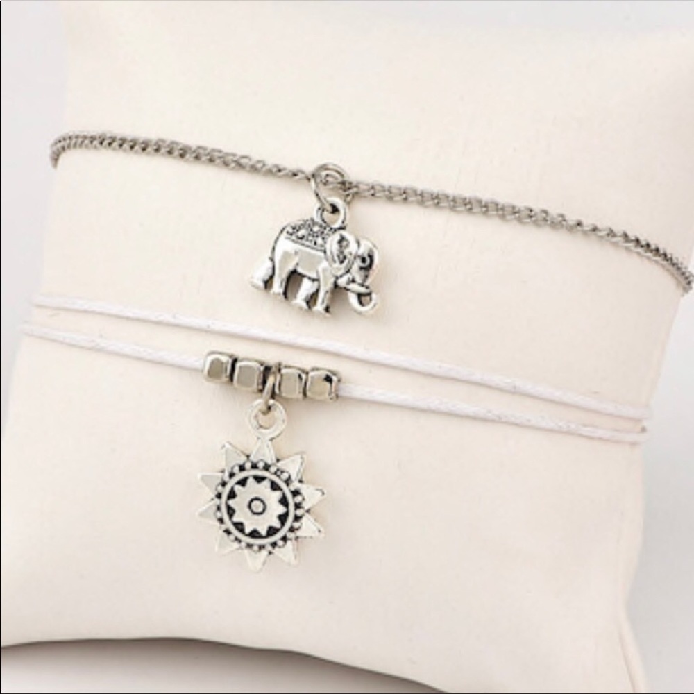 White Chord Elephant Sun 2 pc Anklet Set